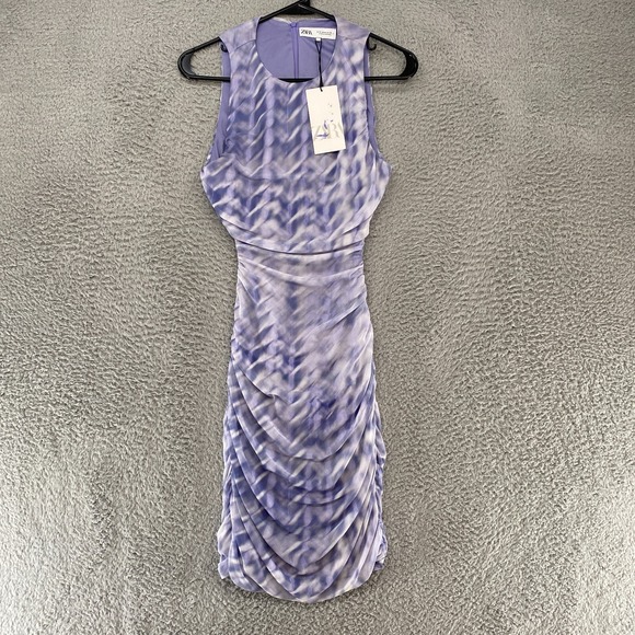 Zara Dresses & Skirts - Zara Mesh Dress Womens Medium Cut Out Open Back Ruched Tie Dye Lavender